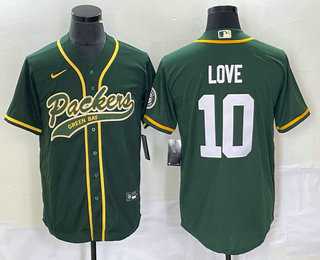Mens Green Bay Packers #10 Jordan Love Green With Patch Cool Base Stitched Baseball Jersey->green bay packers->NFL Jersey